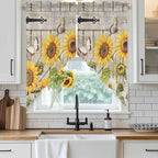 Farm Flowers Swag Valances for Windows, Retro Sunflowers Barn Doors Butterfly Wood Board Rod Pocket Kitchen Curtains Valance, Kitchen Window Curtains Swag for Cafe Living Room, 2 Panels, 36x45 inch
