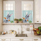 Easter Kitchen Curtain Set, Spring Rabbit Botanical Carrots Green Wooden Grain Window Valance and Tiers 24" Length, Light Filtering Short Curtains Valance for Cafe Bathroom Bedroom 54"x18"