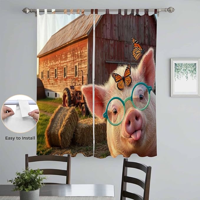 Farm Pig Living Room Curtains 96 Inch Length, Window Curtains Tab Top, Farmhouse Barn Funny Animals Butterfly Light Filtering Window Treatments Drapes 52"x96" 2 Panel