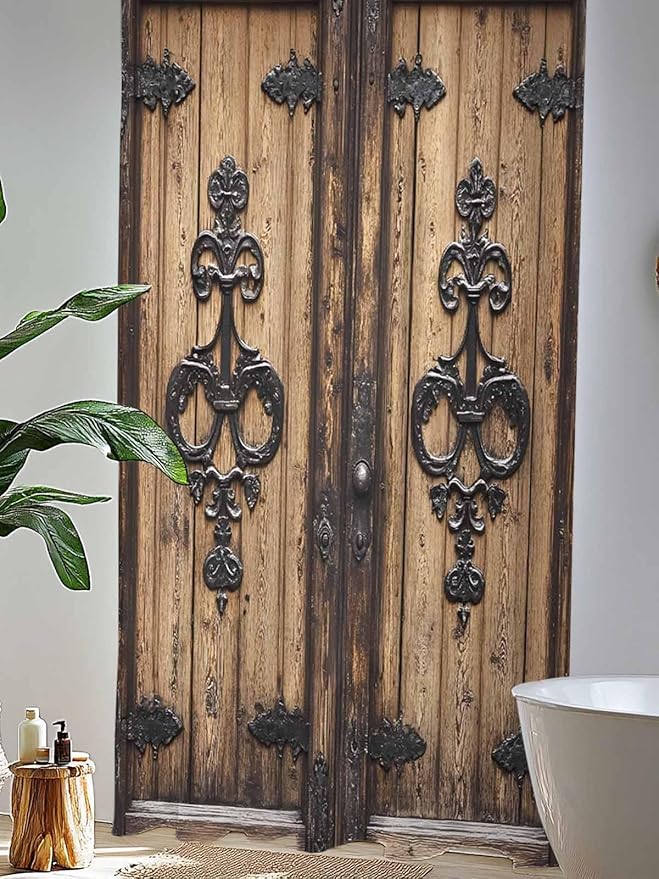 Sheer Curtains 84 Inches Long, Barn Door Semi Sheer Curtains Light Filtering Window Treatment, Farmhouse Wooden Grain Rustic Tribal Pattern Privacy Voile Drapes for Living Room Bedroom 52x84 Inch