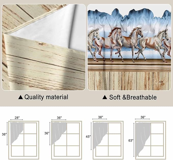Western Horse Swag Valances for Windows, Farmhouse Wooden Grain Vintage Cowboy Barn Door Rod Pocket Kitchen Curtains Valance, Small Window Curtains Swag for Cafe Living Room, 2 Panels, 28x36 inch
