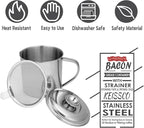 Bacon Grease Container with Strainer, Stainless Steel Oil Storage Can Container with Fine Mesh Strainer Fat Container Pot with Filter Screen, 1.25 QT / 5 Cups Grease Keeper Cooking Oil Keeper