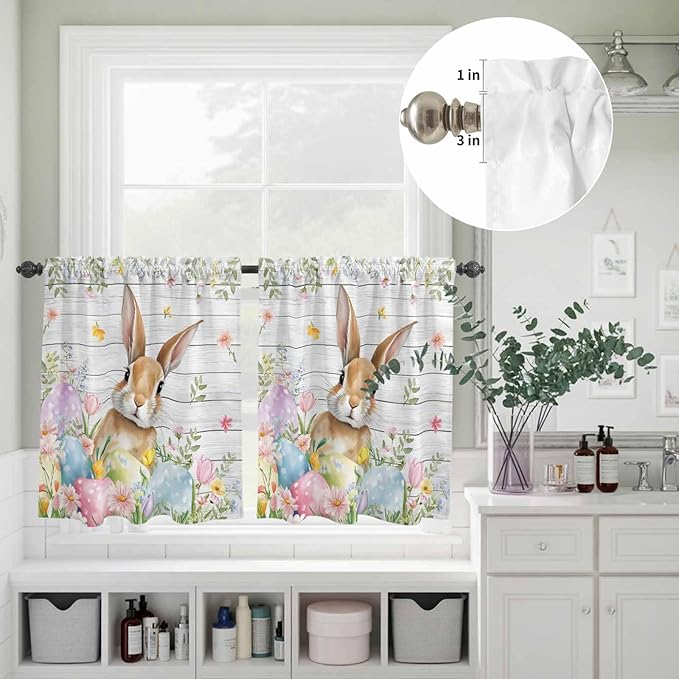 Kitchen Curtains Tiers and Valance Set of 3, Easter Light Filtering Window Curtain Set, Rustic Spring Bunny Eggs Botanical Grey Wooden Rod Pocket Curtain Drapes for Cafe, Living Room, 36 Inches Tiers