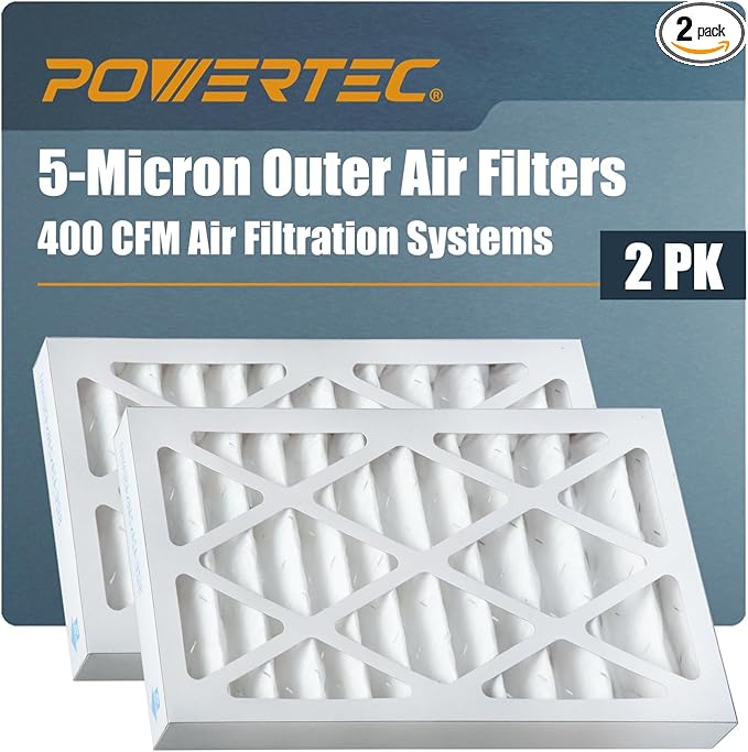 POWERTEC 5 Micron Outer Air Filter for WEN 3410, POWERTEC AF4000/AF4001, Shop Fox W1830 Air Filtration System, Replacement for WEN 90243-027-2 Woodworking Air Filters for Workshop & Garage, 2PK