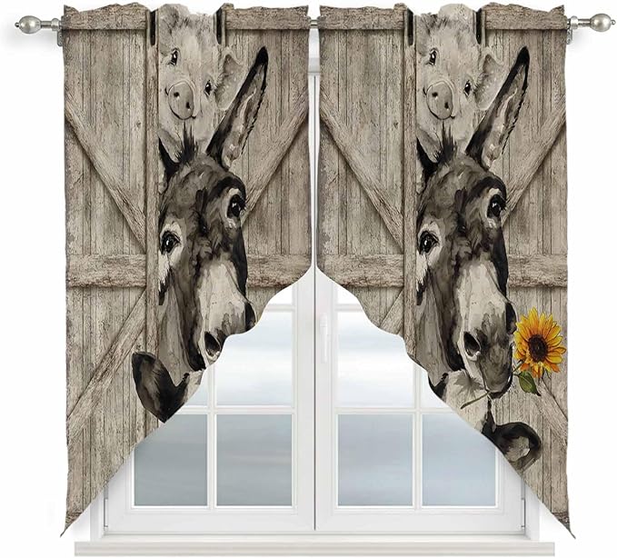 Funny Farm Animals Swag Valances for Windows, Vintage Barn Brown Sunflowers Rod Pocket Kitchen Curtains Valance, Kitchen Window Curtains Swag for Cafe Bathroom Living Room, 2 Panels, 36x45 inch