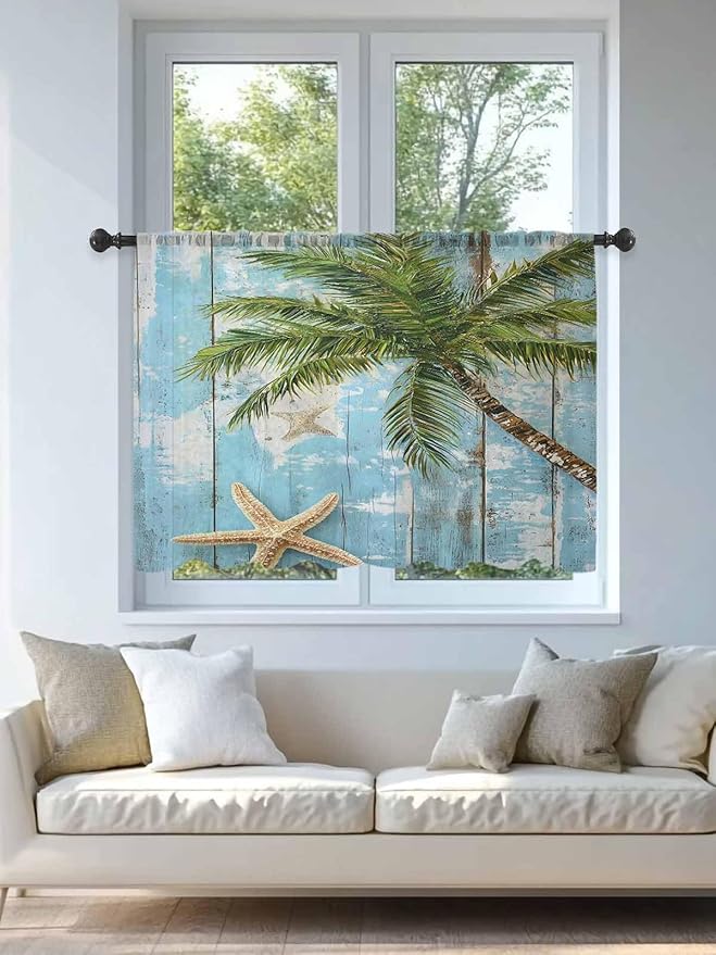 Sheer Curtains 54 Inch Length, Coastal Beach Blue Semi Sheer Curtains Light Filtering Window Treatment, Tropical Coconut Tree Vintage Wood Grain Privacy Voile Drapes for Living Room Bedroom 52x54 Inch