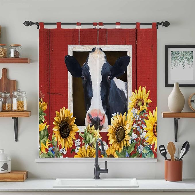 Cow Sunflowers Bedroom Curtains 72 Inch Length, Window Curtains Tab Top, Botanical Floral Leaves Bees Farm Barn Light Filtering Window Treatments Drapes 52"x72" 2 Panel