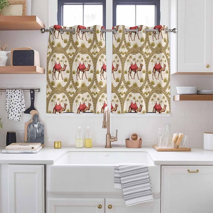 2 Panel Kitchen Cafe Curtains, Camels Palm Trees Sunlight Filtering Nature Air Through, Window Decor Tier Curtains for Living Room 104W x 52L inch Desert Date Coconut Trees Leaves Cords Beige