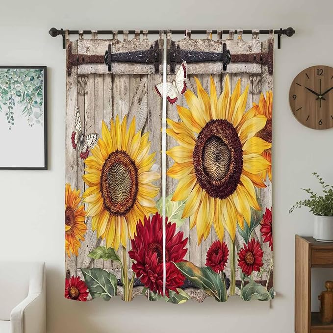 Sunflowers Living Room Curtains 96 Inch Length, Window Curtains Tab Top, Retro Flower Barn Doors Butterfly Farmhouse Brown Light Filtering Window Treatments Drapes 52"x96" 2 Panel