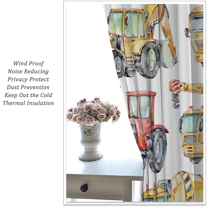 Kids Excavator Curtains, Retro Truck Tractor Machinery Construction Vehicle Crane Digger Mixer Rod Pocket Decorative Windows Curtain for Teens Girls Boys Room 42x63in (30% Blackout)