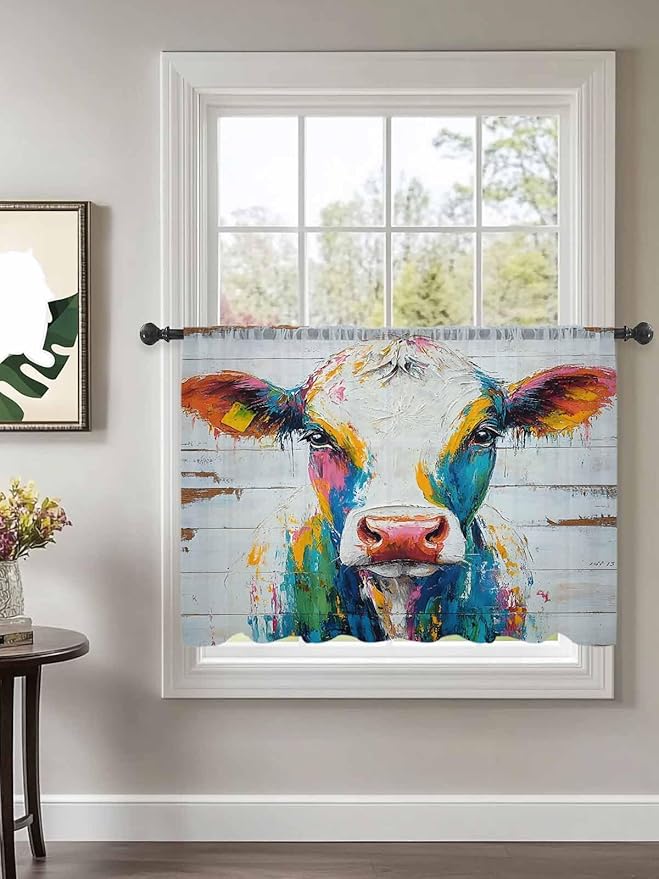 Sheer Curtains 45 Inch Length, Farmhouse Oil Painting Semi Sheer Curtains Light Filtering Window Treatment, Colorful Cow Animal Wooden Grain Privacy Voile Drapes for Living Room Bedroom 52x45 Inch