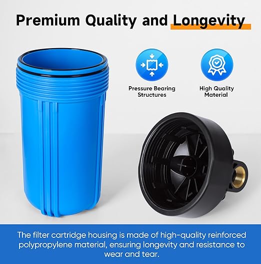 PUREPLUS 2-Stage Whole House Water Filtration System, Reduces Chlorine, Odor, Heavy Metals & Rust, with Pressure Gauges, 10" x 4.5" Housing, 1" Inlet/Outlet, PP Sediment & KDF Carbon Block Filters