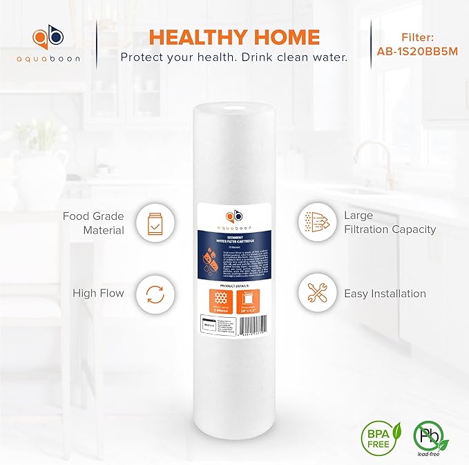Aquaboon 5 Micron 20 x 4.5 Sediment, Anti-Scale, Carbon Water Filters Cartridges for 3-Stage Whole House Water Filtration System Replacement Set 2 Pack