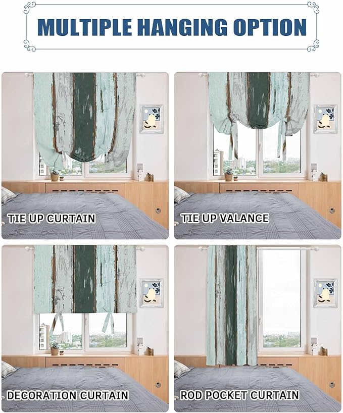 Tie Up Curtains for Windows, Blue Teal Adjustable Balloon Nature Linen Textured Kitchen Curtain, Vintage Wooden Retro Art Farmhouse Barns Blackout Curtains for Living Room, 46 x 63 Inches