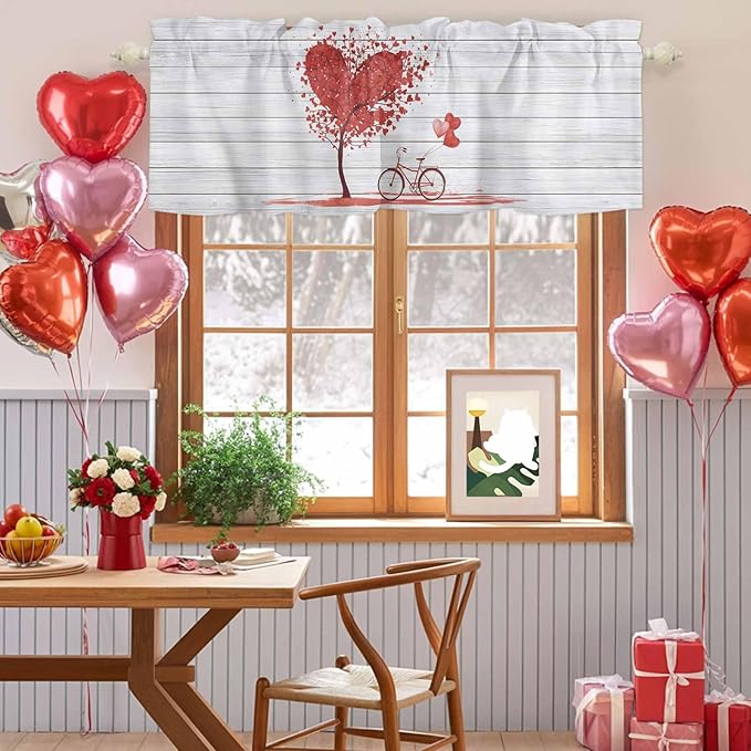 Valentine's Day Valance Curtains for Kitchen, Red Love Trees Bicycles Balloons Wood Grain Privacy Rod Pocket Valance Curtain, Light-Filtering Window Treatment for Bedroom Bathroom, 42"x18"
