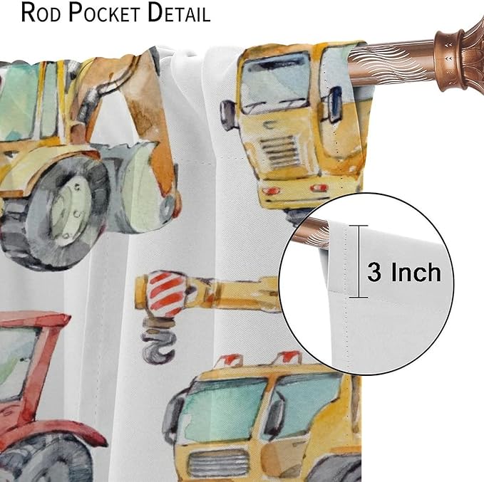 Kids Excavator Curtains, Retro Truck Tractor Machinery Construction Vehicle Crane Digger Mixer Rod Pocket Decorative Windows Curtain for Teens Girls Boys Room 84x84in (30% Blackout)