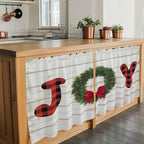 Christmas Wreaths Kitchen Tier Curtains 24 Inch Long 2 Panel Set,Rod Pocket Cafe Small Window Curtains Over Sink,Winter Bow Plaid Farmhouse Wooden Grain Short Drapes for Bathroom Cabinet 27.5"W x 24"L