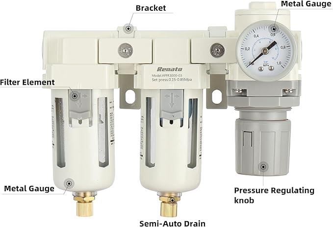3/8" NPT Three Stage Air Drying System - 0.01 Micron Particulate Filter Air Pressure Regulator Combo - 0-125psi Gauge, Semi-Auto Drain, Metal Bracket