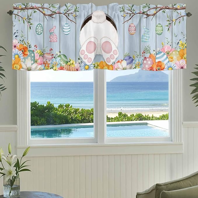 Easter Curtain Valances for Windows, Kitchen Valance Window Treatment, Spring Watercolor Bunny Eggs Flower Wood Grain Blue Light Filtering Block Curtains for Bathroom/Bedroom/Living Room 54'' x 18''