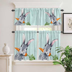 Easter Kitchen Curtain Set, Spring Rabbit Botanical Carrots Green Wooden Grain Window Valance and Tiers 36" Length, Light Filtering Short Curtains Valance for Cafe Bathroom Bedroom 54"x18"
