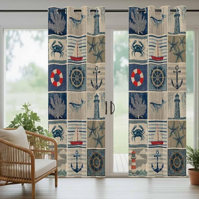 Oceans Outdoor Curtains for Patio Shell Starfish Whales Summer Vintage Waterproof Outside Curtains with Grommet Top Weatherproof Curtain for Cabana Pergola Gazebo, 2 Pack, 54" W x 95" L