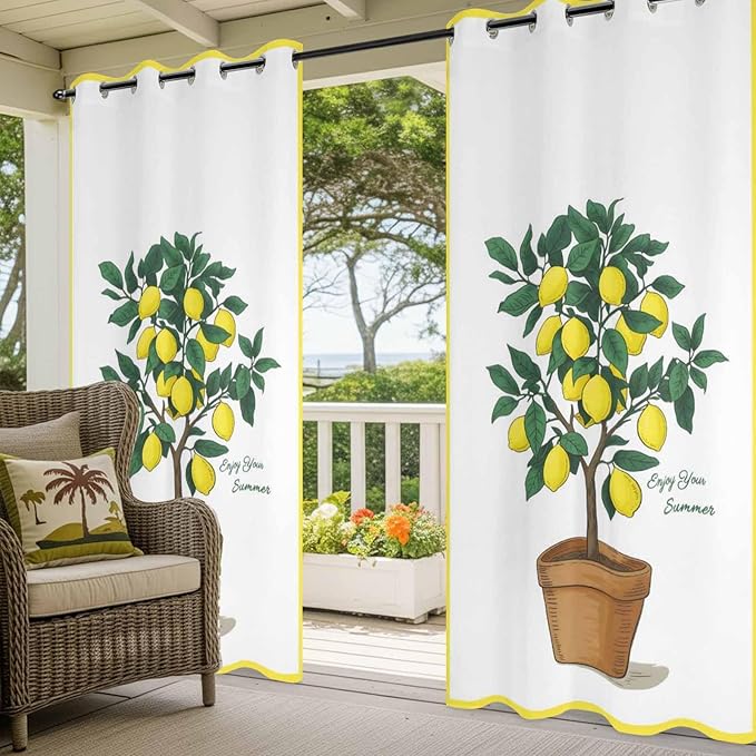 Lemons Outdoor Curtains for Patio Summer Fruit Lemon Tree Waterproof Outside Curtains with Grommet Top Weatherproof Curtain for Cabana Pergola Gazebo, 1 Panel, 54" W x 84" L