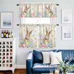 Kitchen Curtains Tiers and Valance Set of 3, Easter Light Filtering Window Curtain Set, Pastoral Spring Bunny Eggs Botanical Flowers Leaf Rod Pocket Curtain Drapes for Living Room, 36 Inches Tiers