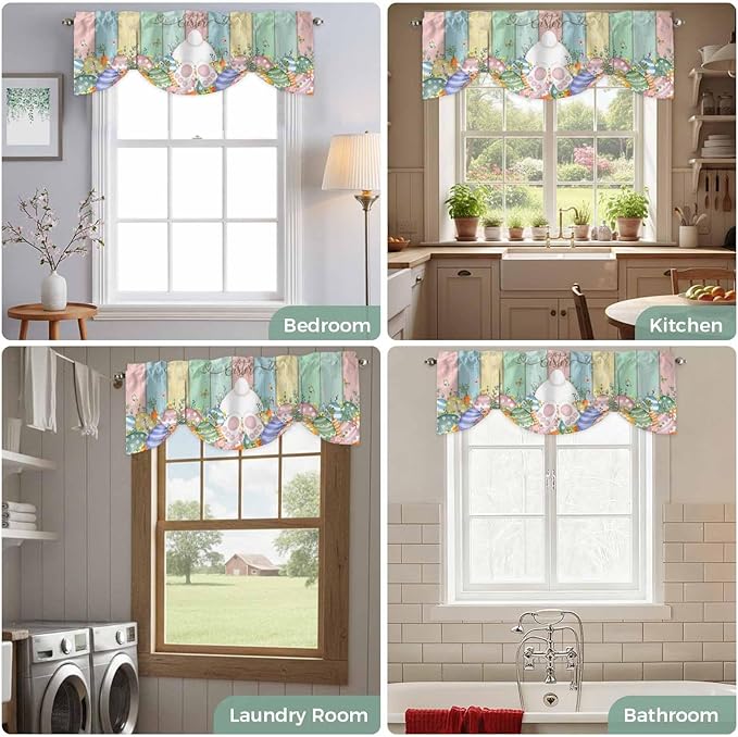 Easter Tie Up Valance Curtains for Windows, Kitchen Curtains Window Shades, Spring Rabbit Ears Foot Eggs Floral Wooden Grain Light Filtering Roman Curtain Valances for Bedroom/Bathroom/Cafe 42"x18"
