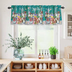 Kitchen Curtains Tiers and Valance Set of 3, Spring Flowers Light Filtering Window Curtain Set, Farmhouse Watercolor Teal Wood Grain Rod Pocket Curtain Drapes for Cafe, Living Room, 36 Inches Tiers