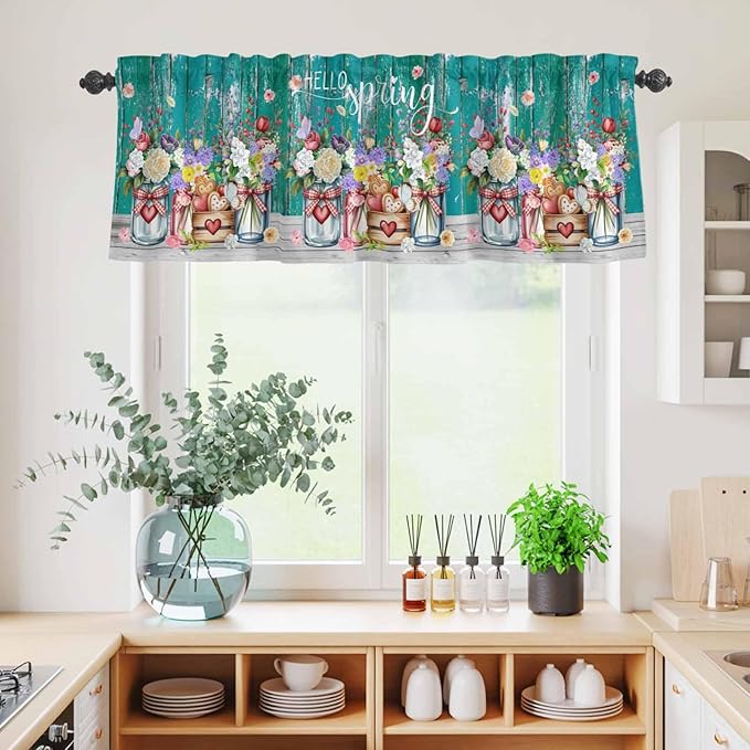 Spring Flowers Kitchen Curtains Set 3 Piece for Windows, Rod Pocket Valance and Tier Set 36 Inch Length, Farmhouse Watercolor Teal Wood Grain Light Filtering Cafe Curtains for Living Room Bathroom