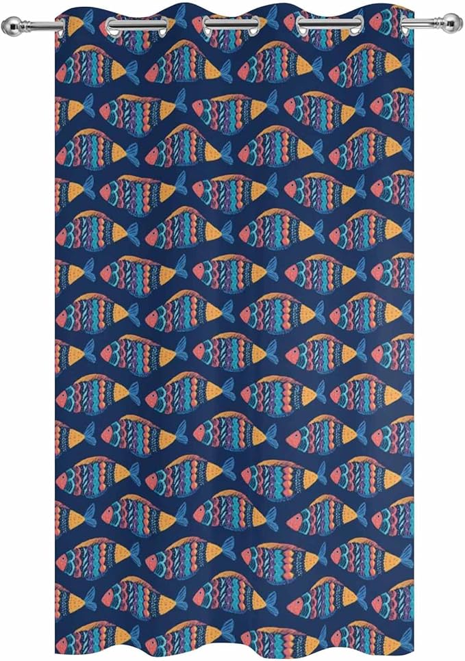 Fish Outdoor Curtains for Patio Vintage National Wind Fish Blue Waterproof Outside Curtains with Grommet Top Weatherproof Curtain for Cabana Pergola Gazebo, 1 Panel, 54" W x 95" L