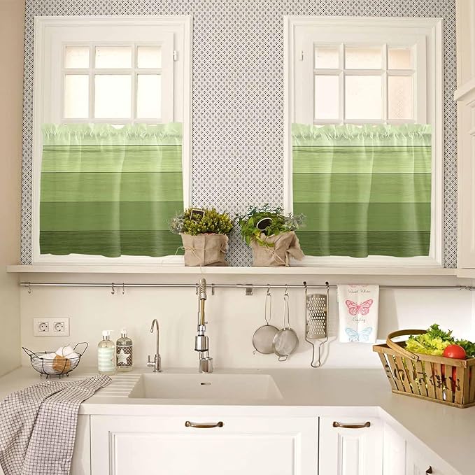 Gradient Green Wooden Board Window Valance Curtains, Retro Country Wood Grain Light Filtering Kitchen Valance with 3-inch Rod Pocket for Living Room Bathroom Bedroom,2 Panel,27.5x24In