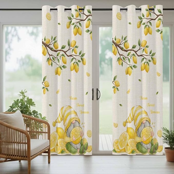 Summer Outdoor Curtains for Patio Lemon Gnome Leaf Linen Texture Waterproof Outside Curtains with Grommet Top Weatherproof Curtain for Cabana Pergola Gazebo, 2 Pack, 54" W x 84" L