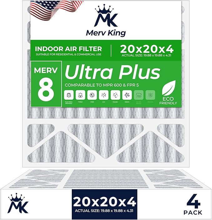 MervKing 20x20x4 Air Filter Actual Size: 19.88" x 19.88" x 4.31" MERV 8 MPR 600-700 | MADE IN USA | 4-Pack | Pleated HVAC AC Furnace Replacement