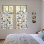 Spring Daisy Kitchen Curtains, Farmhouse Country Flower Leaf Plant Wood Grain Light Filtering Window Curtain Panels, 2Pcs Rod Pocket Window Treatments Set for RV Dining Room Study Room 42x54 Inches