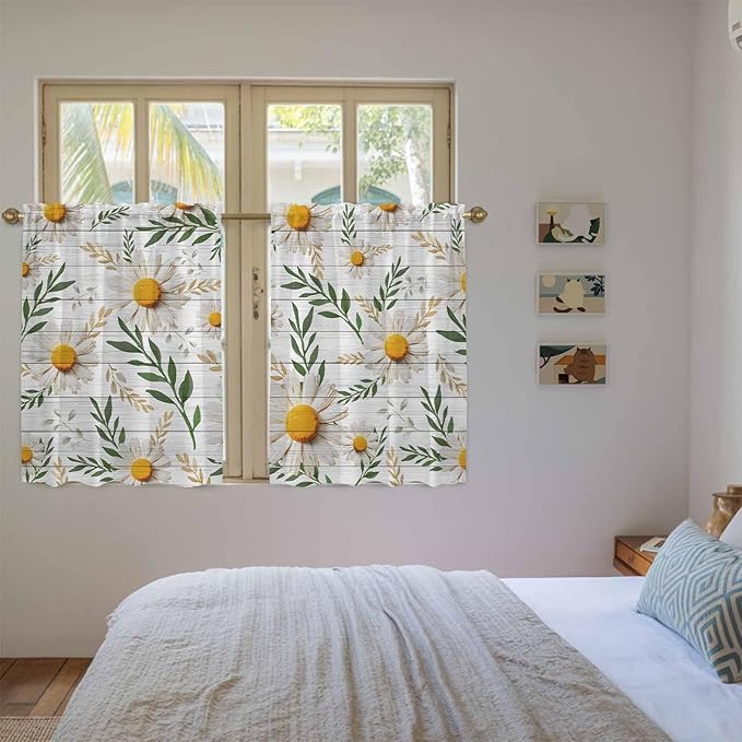 Spring Daisy Kitchen Curtains, Farmhouse Country Flower Leaf Plant Wood Grain Light Filtering Window Curtain Panels, 2Pcs Rod Pocket Window Treatments Set for Cabin Bathroom Bedroom 52x45 Inches