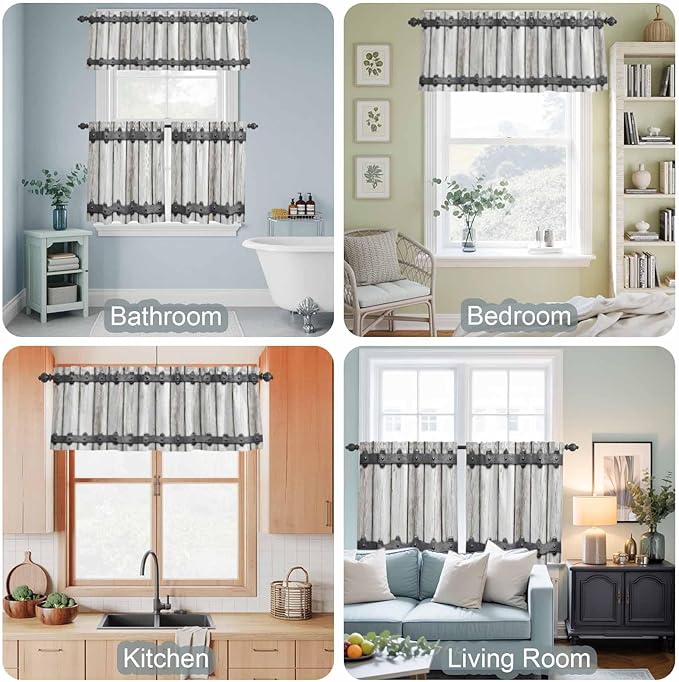 Farmhouse Rustic Kitchen Curtain Set, Vintage Country Wooden Grain Window Valance and Tiers 36" Length, Light Filtering Short Curtains Valance for Cafe Bathroom Bedroom 54"x18"