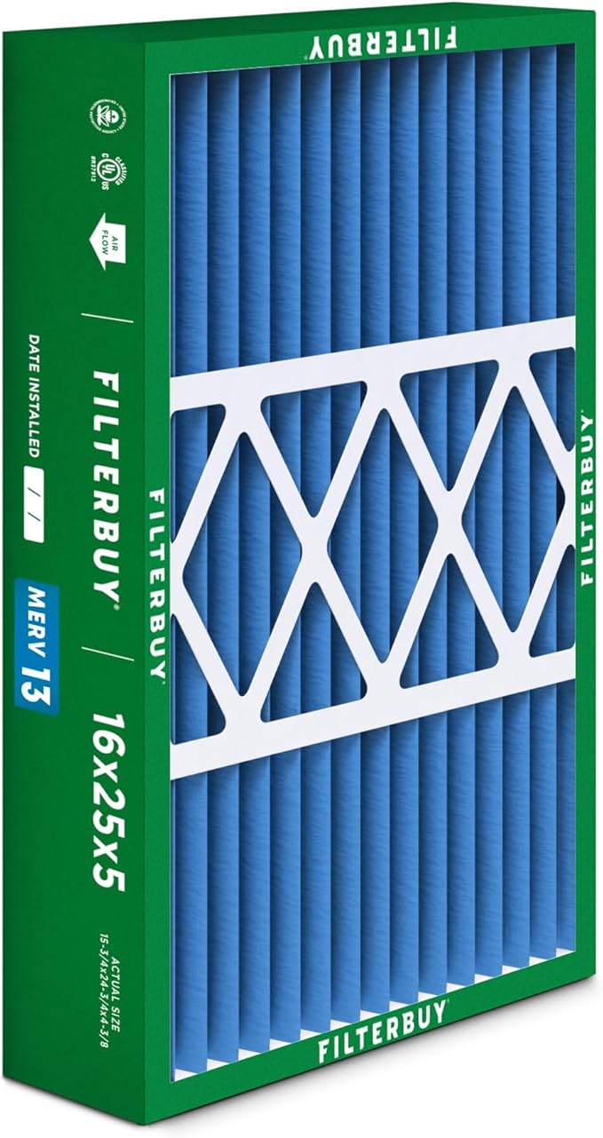 Filterbuy 16x25x5 Air Filter MERV 13 Optimal Smoke & Allergy Defense (4-Pack), Pleated HVAC AC Furnace Filters for Honeywell FC100A1029, Lennox X6670, and More (Actual Size: 15.75 x 24.75 x 4.38)