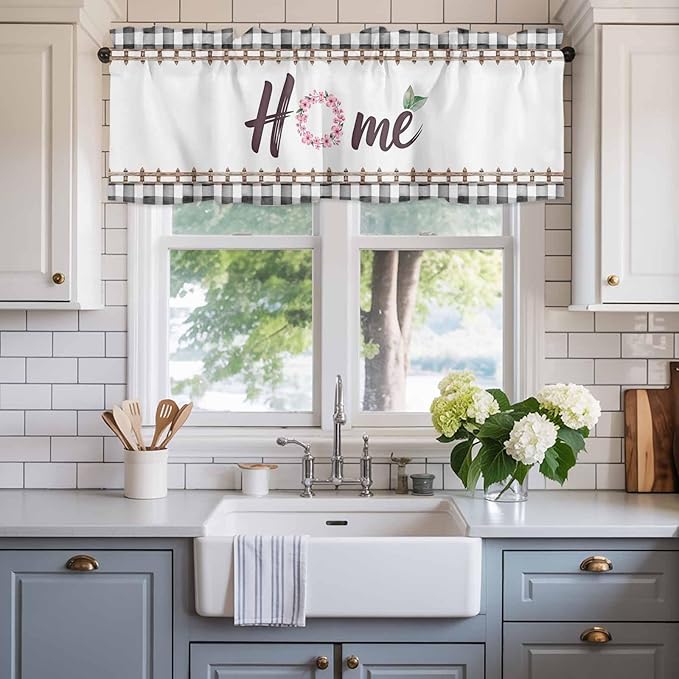 Spring Flowers Curtain Valances for Windows, Kitchen Valance Window Treatment, Watercolor Floral Leaf Black Plaid Light Filtering Block Curtains for Bathroom/Bedroom/Living Room 42'' x 12''