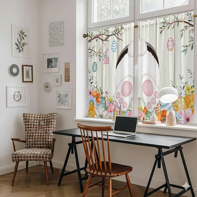 Easter Kitchen Tier Curtains 45 Inch Long 2 Panel Set,Rod Pocket Short Window Treatment,Spring Farmhouse Watercolor Bunny Eggs Wood Grain Light Filtering Curtains & Drapes for Bathroom 27.5"W x 45"L