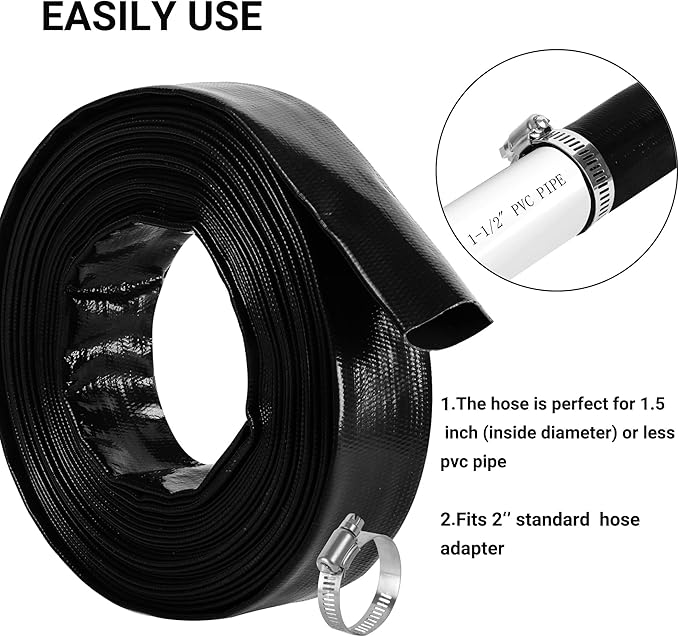 2" x 100 FT Pool Backwash Hose, Black Heavy Duty Reinforced PVC Lay Flat Water Discharge Hose for Swimming Pool Filter Pump,with 2 Clamp