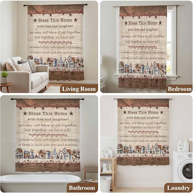 Farmhouse Sheer Curtains 108 Inch Length Brown Country Star Berry Vintage Wood Grain Chiffon Curtain for Bedroom Living Room Light Filtering Rod Pocket Window Treatments Voile Curtains Drapes