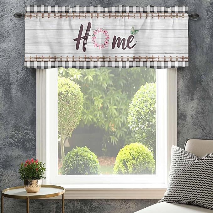 Spring Flowers Curtain Valances for Windows, Kitchen Valance Window Treatment, Farmhouse Watercolor Black Plaid Wood Grain Light Filtering Block Curtains for Bathroom/Bedroom/Living Room 60'' x 18''