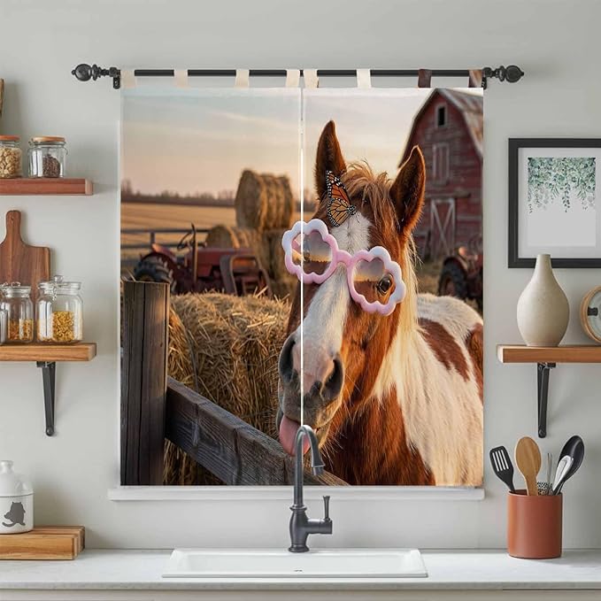 Farm Horses Bathroom Curtains 63 Inch Length, Window Curtains Tab Top, Farmhouse Barn Funny Animals Butterfly Light Filtering Window Treatments Drapes 52"x63" 2 Panel