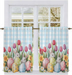 Easter Kitchen Tier Curtains 45 Inch Long 2 Panel Set,Rod Pocket Short Window Treatment,Spring Bunny Colorful Eggs Tulip Flowers Blue Check Light Filtering Curtains & Drapes for Bathroom 27.5"W x 45"L