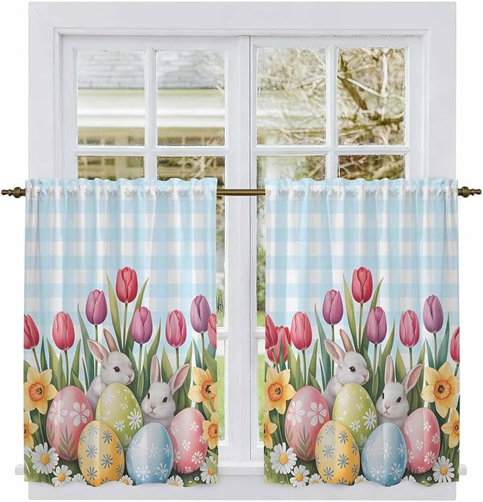 Easter Kitchen Tier Curtains 45 Inch Long 2 Panel Set,Rod Pocket Short Window Treatment,Spring Bunny Colorful Eggs Tulip Flowers Blue Check Light Filtering Curtains & Drapes for Bathroom 27.5"W x 45"L