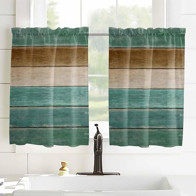 Vintage Plank Turquoise Brown Window Valance Curtains, Farmhouse Wood Grain Light Filtering Kitchen Valance with 3-inch Rod Pocket for Living Room Bathroom Bedroom,2 Panel,27.5x45In