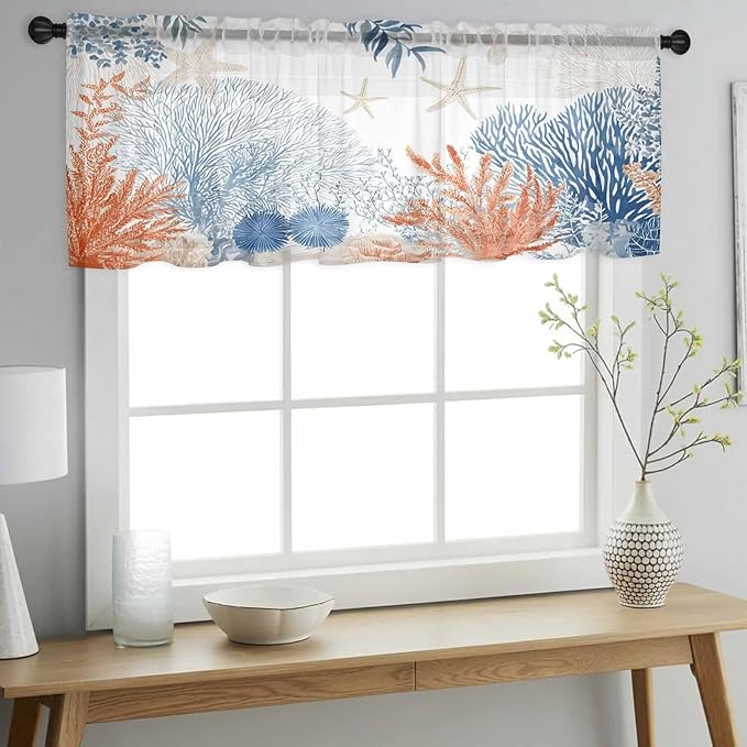 Ocean Corals Sheer Valance Curtains, Summer Beach Coral Sea Stars Light Filtering Kitchen Valances Rod Pocket Voile Curtain Window Treatment for Bedroom/Living Room/Basement 60Wx18L