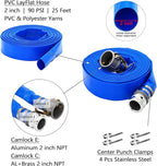 DAVCO 2" ID × 25 ft PVC Lay Flat Discharge Hose, Heavy Duty Reinforced Blue Pool Backwash Hoses For Swimming Drain Pools, with Aluminum Camlock C and E Fittings, Cam Lock Fitting Type A included