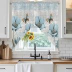 Spring Floral Swag Valances for Windows, Vintage Tulips Flower Butterfly Retro Wood Blue Rod Pocket Kitchen Curtains Valance, Kitchen Window Curtains Swag for Cafe Living Room, 2 Panels, 36x63 inch